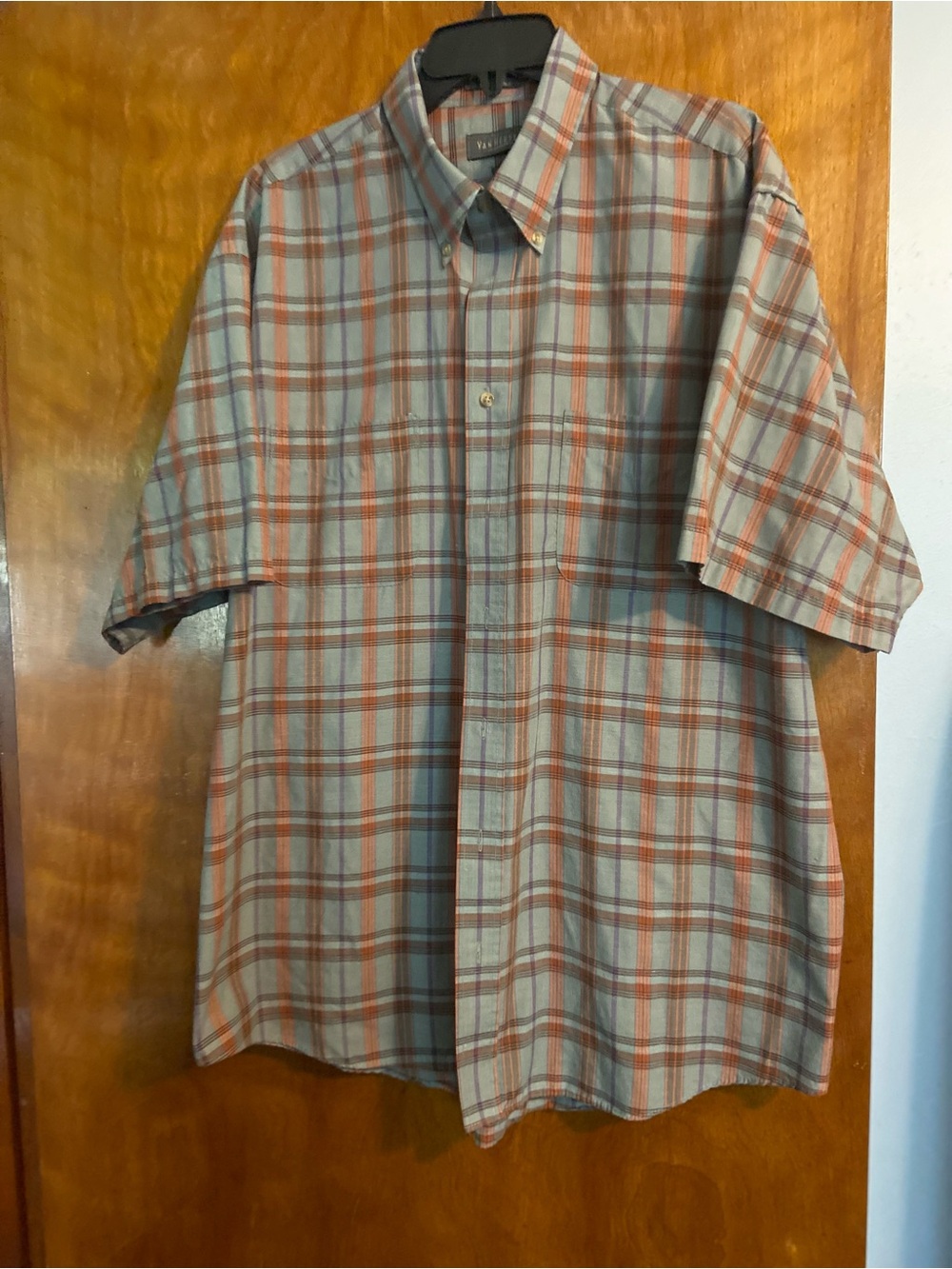 Van Heusen Short-Sleeve Plaid Button-Down Shirt in Tan and Orange